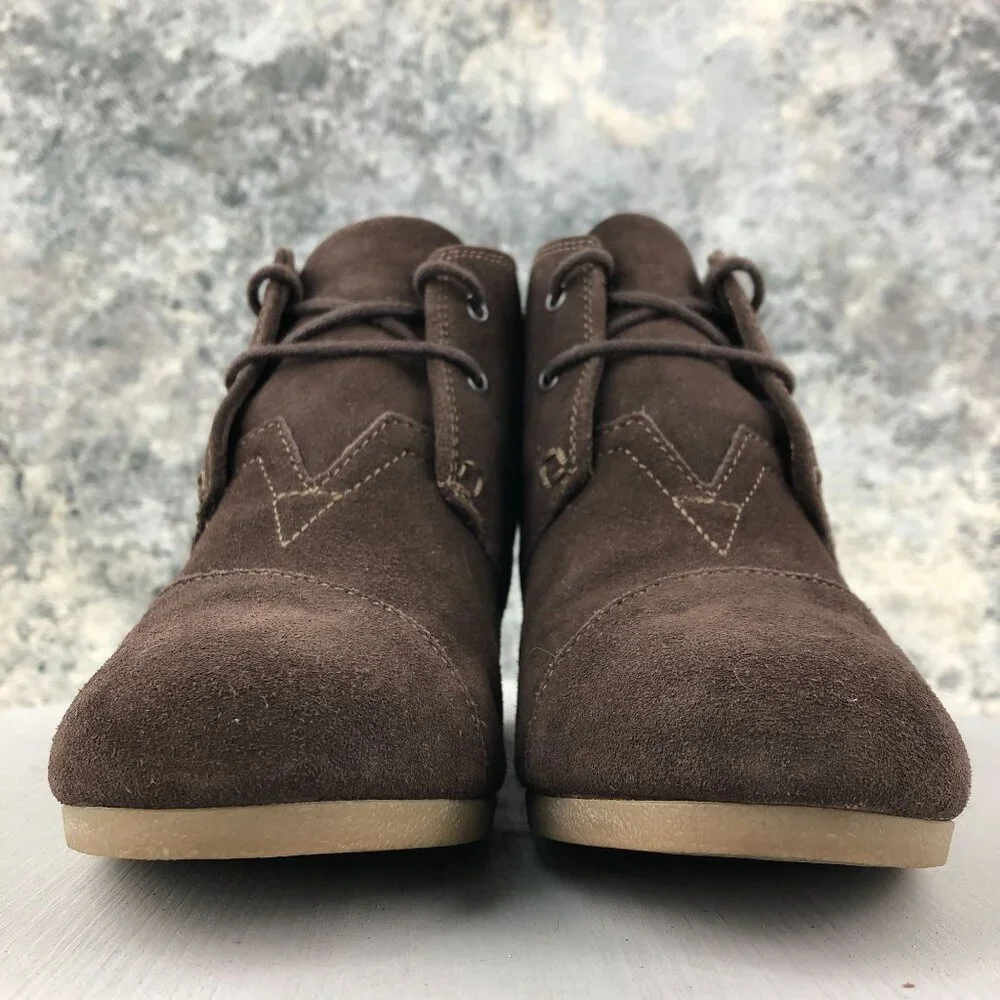 Toms Women's Size 8 Desert Brown Suede Wedge High Heel Lace-Up Ankle Booties